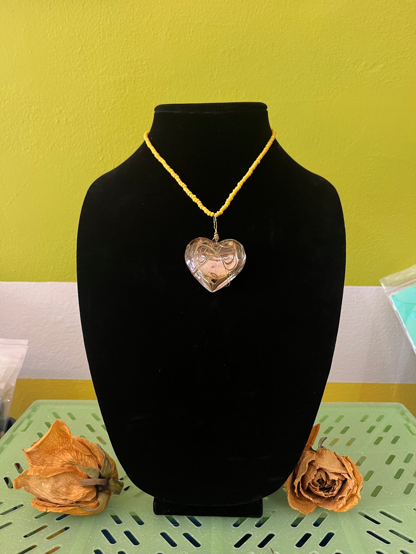 Golden Heart Glass Pendant Necklace