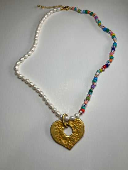 Heart of Gold Beaded Pearl Necklace