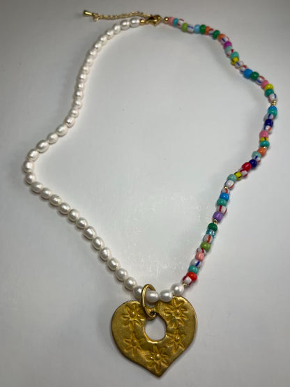 Heart of Gold Beaded Pearl Necklace